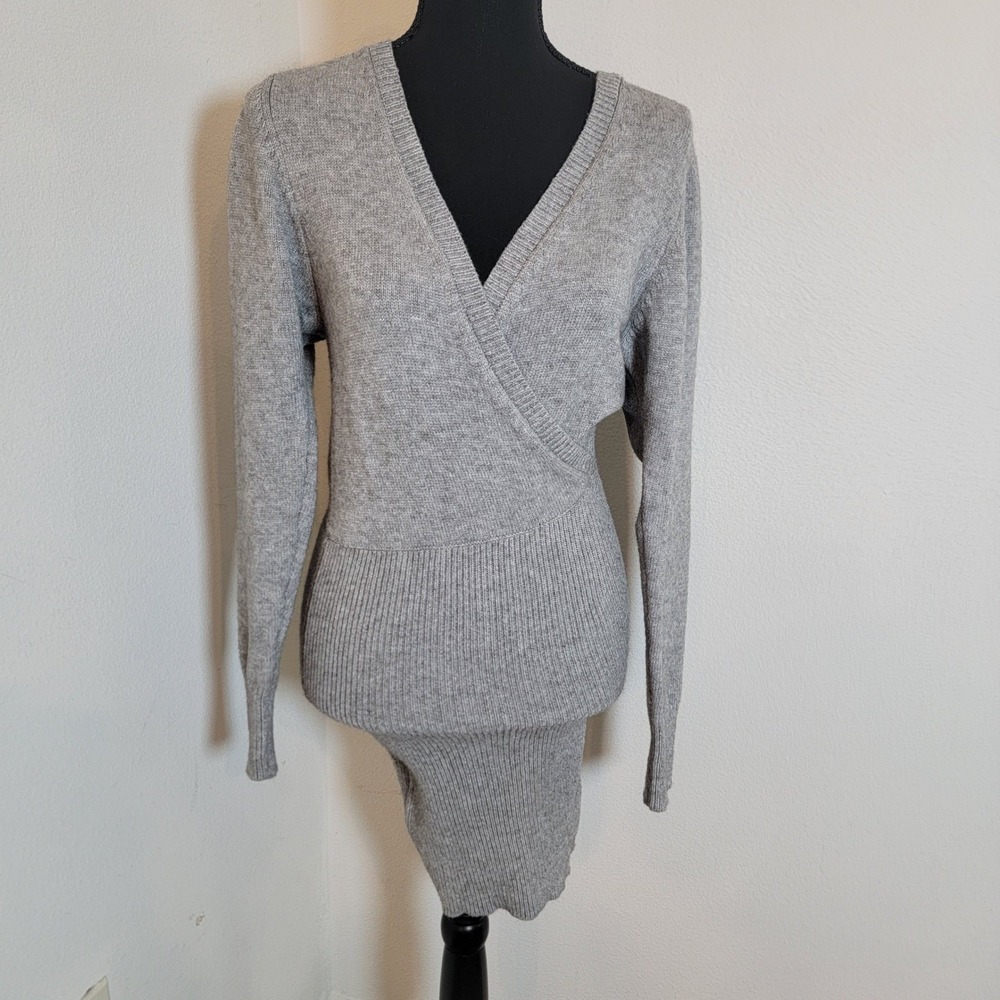 Urban Outfitters Heather Gray Faux Wrap Ribbed Knit Long Sleeve Mini Dress Small